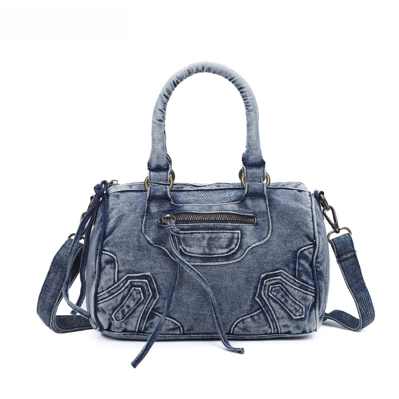 MUCENT☆大人気♪Tanner Vintage Washed Denim Shoulder Bag Mood Veil丨Vintage Washed Denim Crossbody Handbag Patchwork
