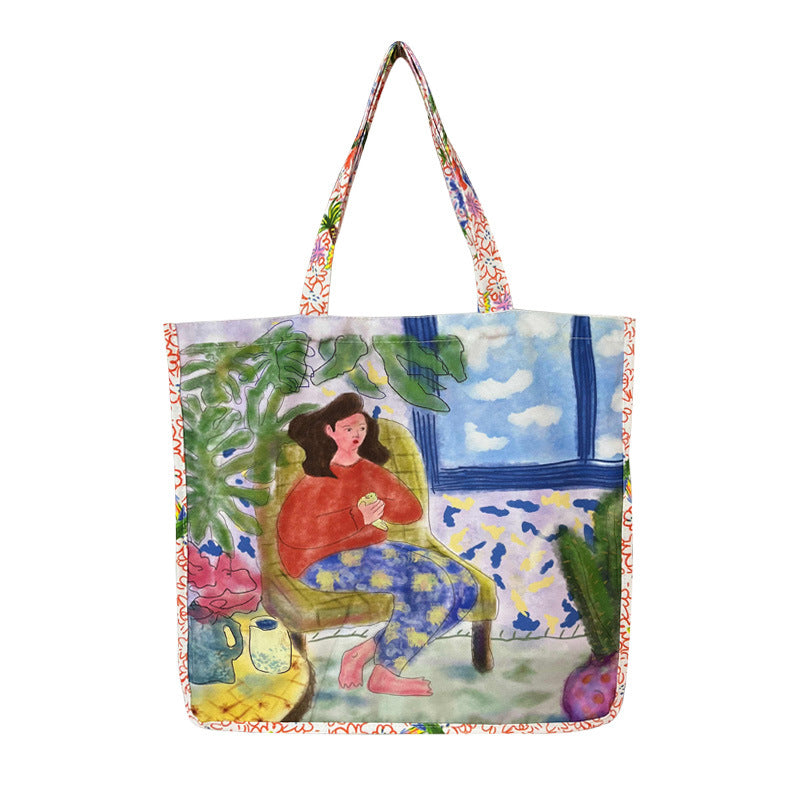 Double-Sided Printed Canvas Tote Bag Spacious Shoulder Bag