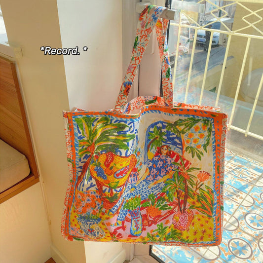 Double-Sided Printed Canvas Tote Bag Spacious Shoulder Bag