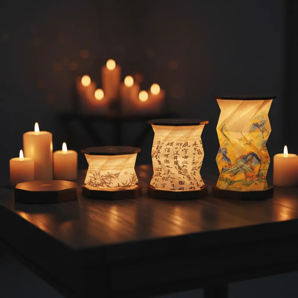 Moodveil walnut wood foldable lamp collection - rechargeable ambient LED night lights