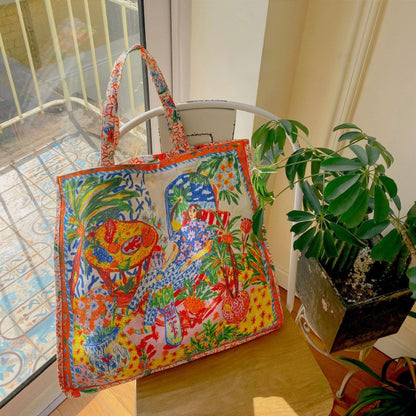 Double-Sided Printed Canvas Tote Bag Spacious Shoulder Bag