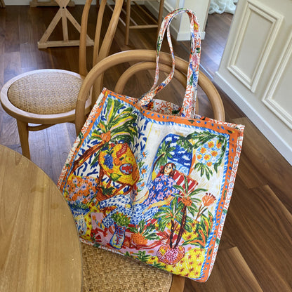 Double-Sided Printed Canvas Tote Bag Spacious Shoulder Bag