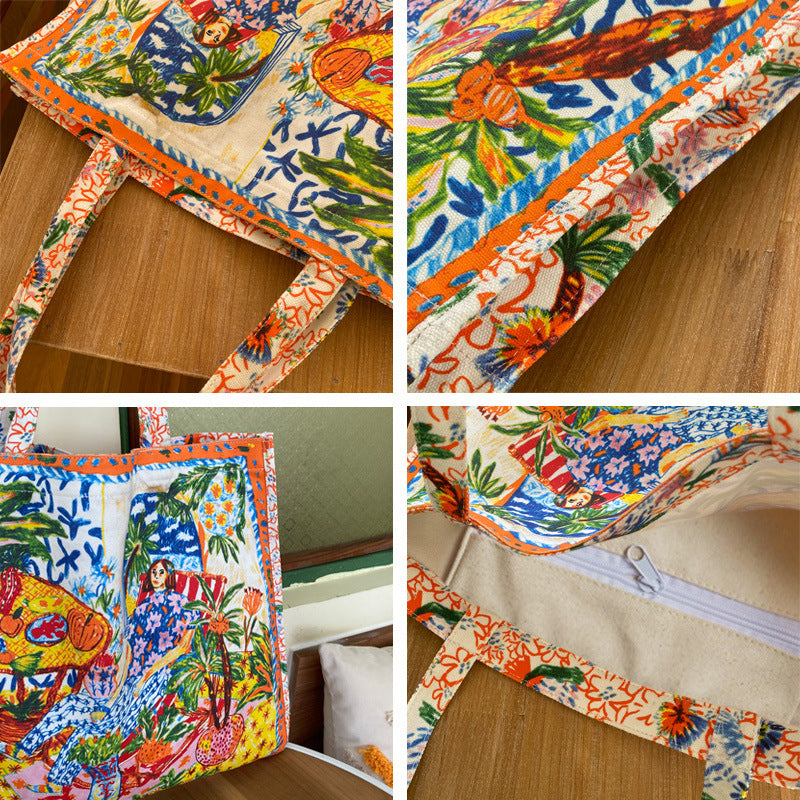 Double-Sided Printed Canvas Tote Bag Spacious Shoulder Bag