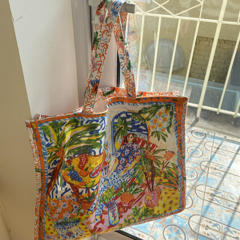Double-Sided Printed Canvas Tote Bag Spacious Shoulder Bag