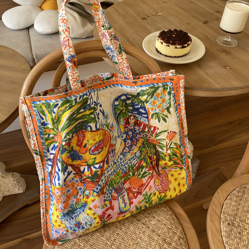 Double-Sided Printed Canvas Tote Bag Spacious Shoulder Bag