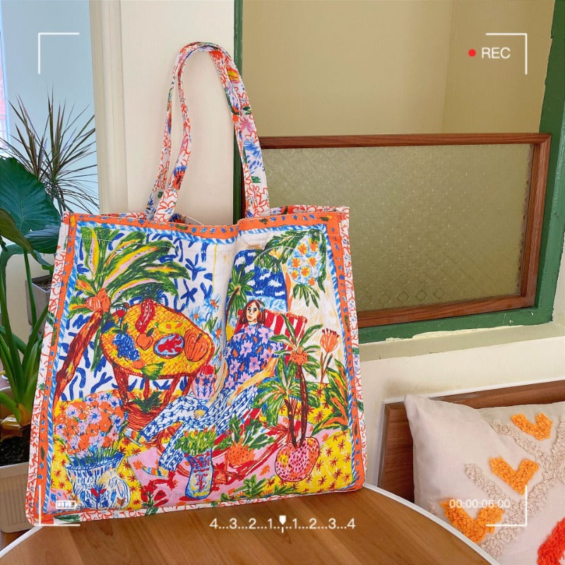 Double-Sided Printed Canvas Tote Bag Spacious Shoulder Bag