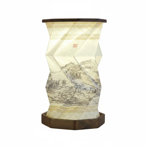 Walnut wood foldable geometric lamp with Chinese landscape ink painting print, warm glowing LED light