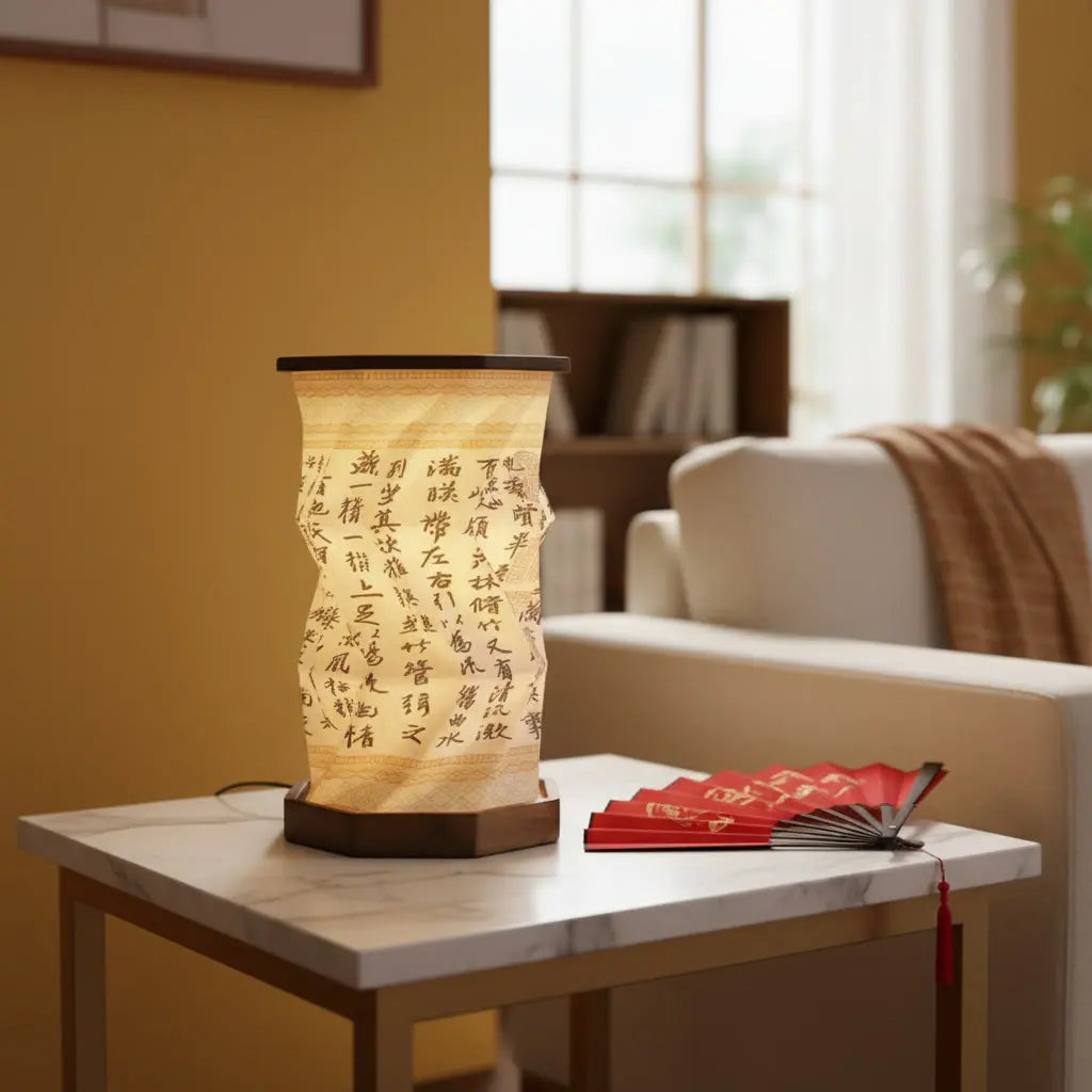 Rivers & Mountains Walnut Foldable Lamp with calligraphy pattern, warm ambient lighting