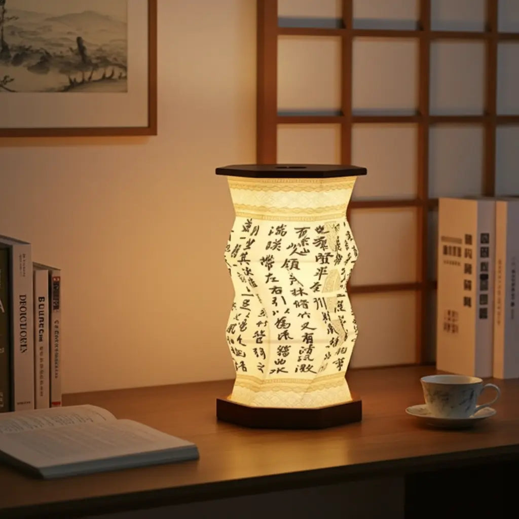 Orchid Pavilion Walnut Lamp with calligraphy pattern, glowing warmly in a Japanese-style room
