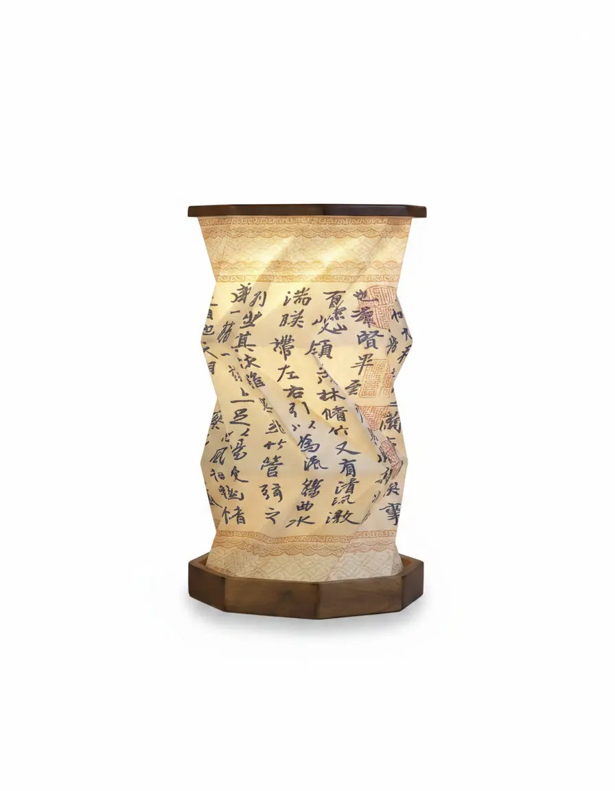 Walnut wood foldable lamp with Chinese calligraphy text print, warm glowing LED ligh                                 