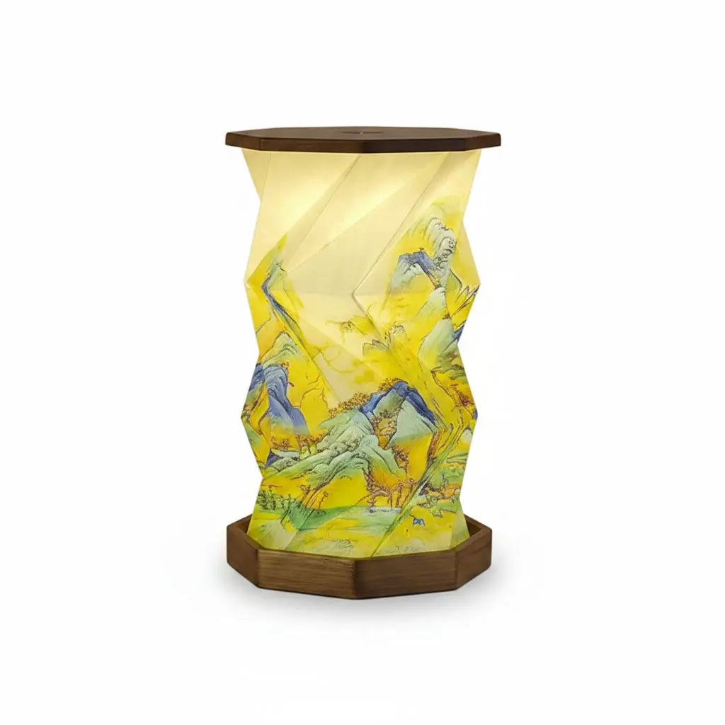 Walnut wood foldable lamp featuring colorful landscape painting art - rechargeable LED lamp