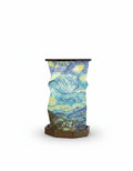 Walnut wood foldable lamp featuring Van Gogh Starry Night art print, warm glowing LED light