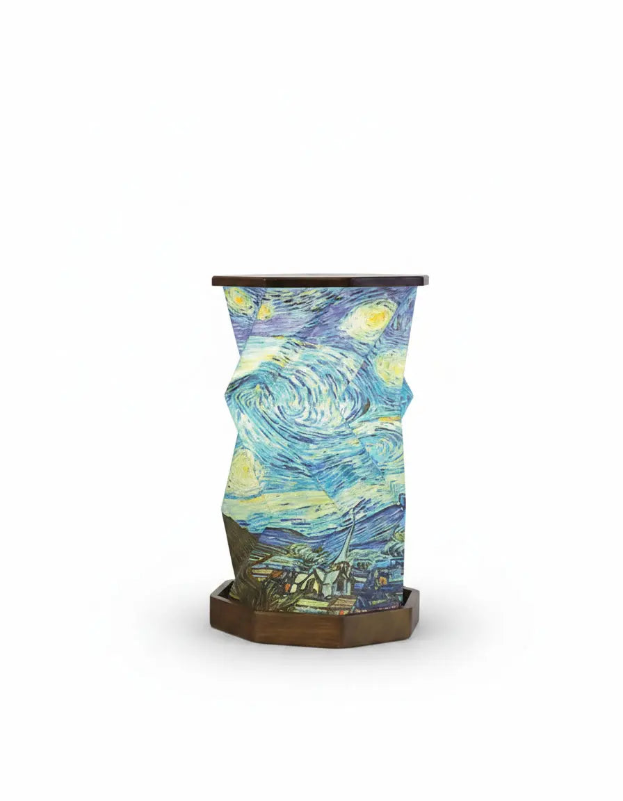 Walnut wood foldable lamp featuring Van Gogh Starry Night art print, warm glowing LED light