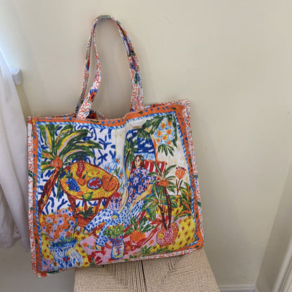 Double-Sided Printed Canvas Tote Bag Spacious Shoulder Bag