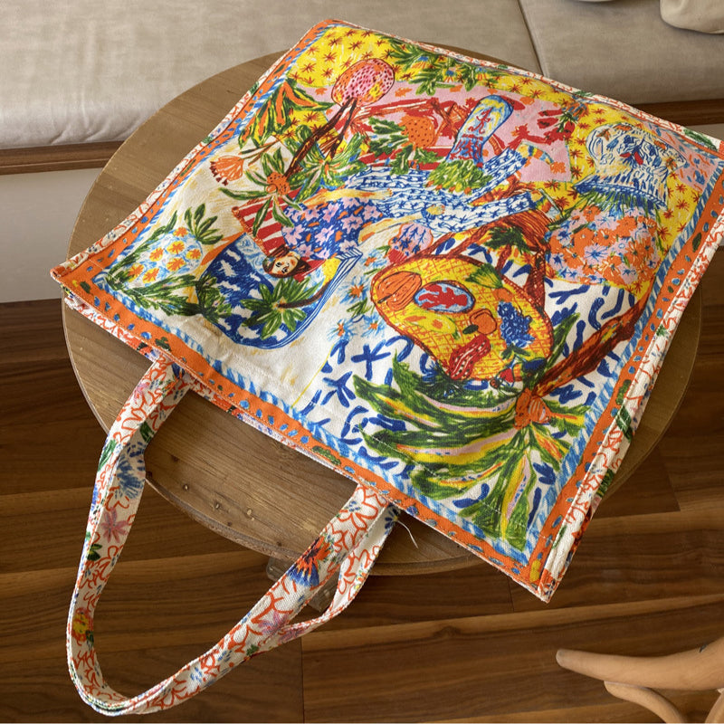 Double-Sided Printed Canvas Tote Bag Spacious Shoulder Bag
