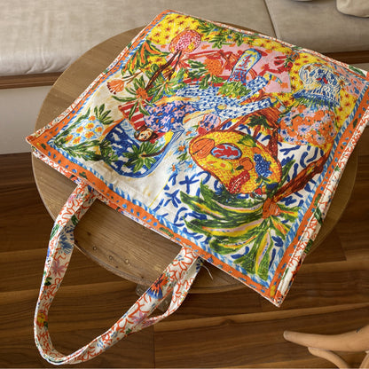 Double-Sided Printed Canvas Tote Bag Spacious Shoulder Bag