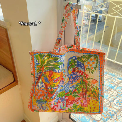 Double-Sided Printed Canvas Tote Bag Spacious Shoulder Bag