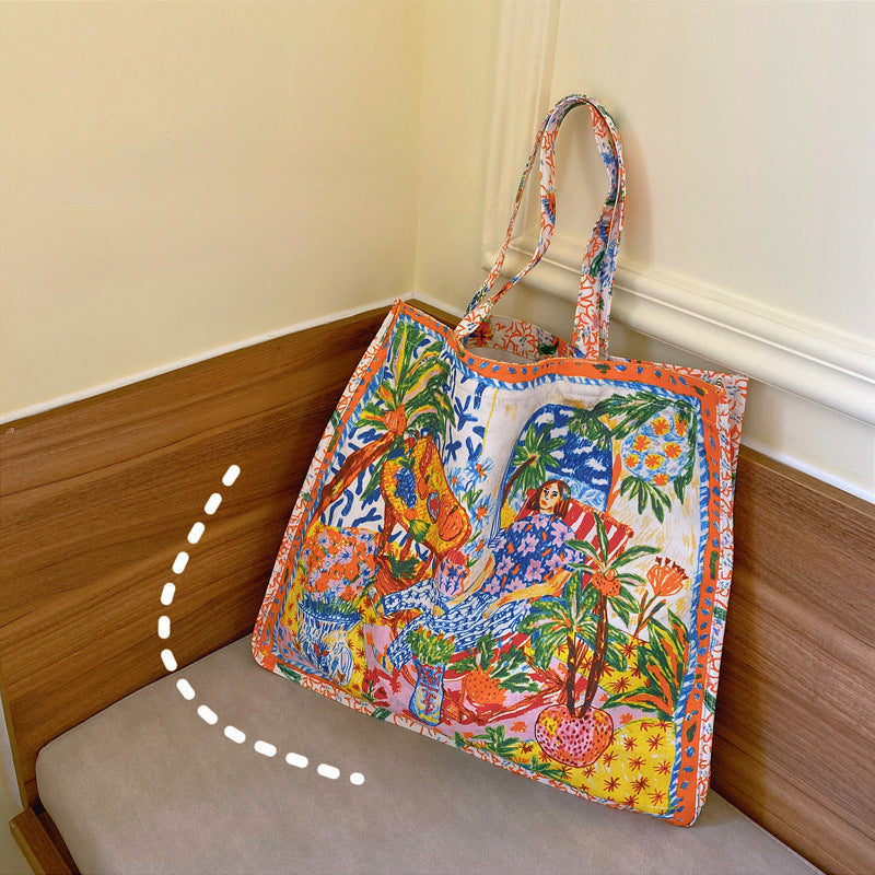 Double-Sided Printed Canvas Tote Bag Spacious Shoulder Bag