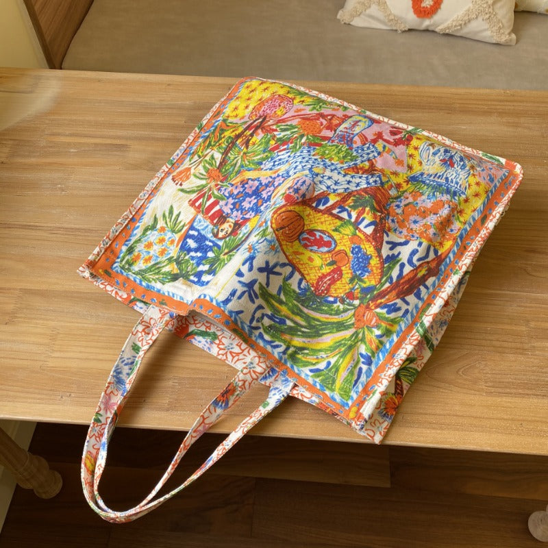 Double-Sided Printed Canvas Tote Bag Spacious Shoulder Bag