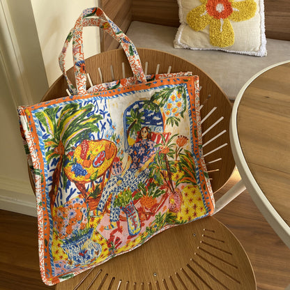 Double-Sided Printed Canvas Tote Bag Spacious Shoulder Bag